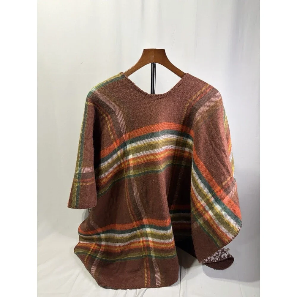 Brown Plaid Winter Stylish Oversized Soft  Poncho Blanket Wrap - One Size